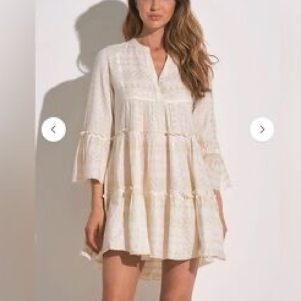 Juniper Blu Beige Gold Metallic Shimmer Peasant Midi Dress Size Medium